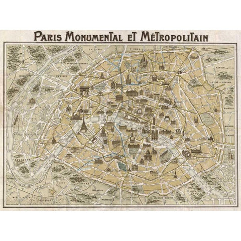 Paris Monumental et Metropolitain 1932 Black Modern Wood Framed Art Print with Double Matting by Anonymous