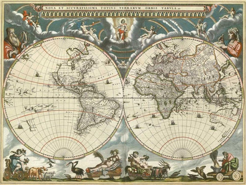 Nova et accuratissima totius terrarum orbis tabula 1664 Black Ornate Wood Framed Art Print with Double Matting by Blaeu, Jan