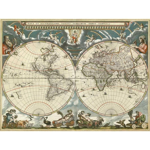 Nova et accuratissima totius terrarum orbis tabula 1664 White Modern Wood Framed Art Print by Blaeu, Jan