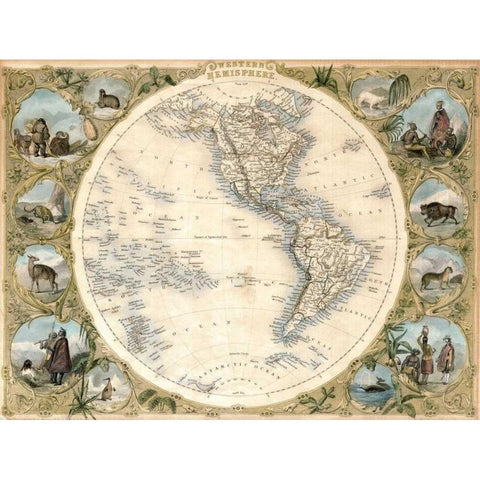 Map of the Western Hemisphere, 1850 Black Modern Wood Framed Art Print with Double Matting by Tallis, John