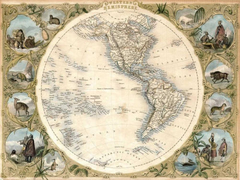 Map of the Western Hemisphere, 1850 White Modern Wood Framed Art Print with Double Matting by Tallis, John