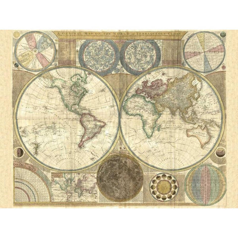 Double hemisphere map of the world 1794 Gold Ornate Wood Framed Art Print with Double Matting by Dunn, Samuel