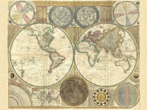 Double hemisphere map of the world 1794 White Modern Wood Framed Art Print with Double Matting by Dunn, Samuel