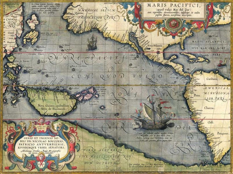 Map of the Pacific Ocean, 1589 White Modern Wood Framed Art Print with Double Matting by Ortelius, Abraham