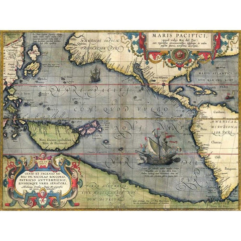 Map of the Pacific Ocean, 1589 Gold Ornate Wood Framed Art Print with Double Matting by Ortelius, Abraham