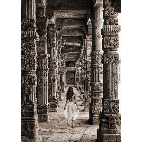 At the Temple-India (BW) Gold Ornate Wood Framed Art Print with Double Matting by Moreau, Marc