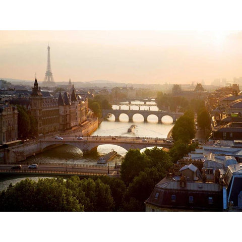 Bridges over the Seine river, Paris Black Modern Wood Framed Art Print with Double Matting by Setboun, Michel