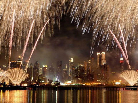 Fireworks on Manhattan, NYC White Modern Wood Framed Art Print with Double Matting by Setboun, Michel
