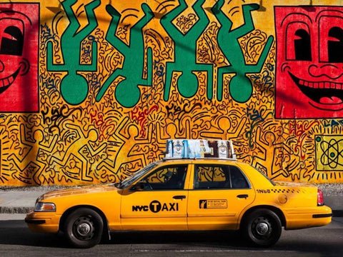 Taxi and mural painting, NYC Black Ornate Wood Framed Art Print with Double Matting by Setboun, Michel