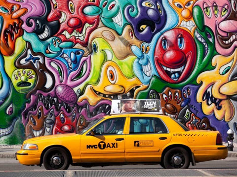 Taxi and mural painting in Soho, NYC White Modern Wood Framed Art Print with Double Matting by Setboun, Michel