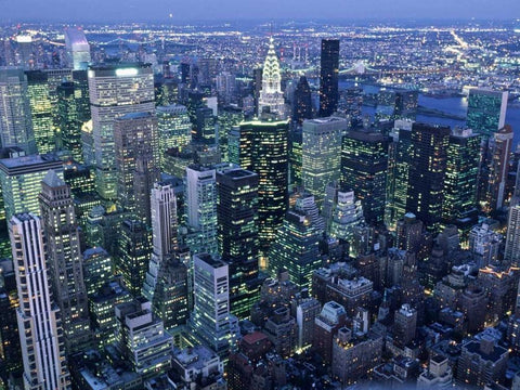 Manhattan skyline at dusk, NYC Black Ornate Wood Framed Art Print with Double Matting by Setboun, Michel