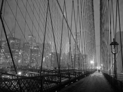 On Brooklyn Bridge by night, NYC White Modern Wood Framed Art Print with Double Matting by Setboun, Michel