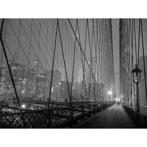 On Brooklyn Bridge by night, NYC Black Modern Wood Framed Art Print with Double Matting by Setboun, Michel