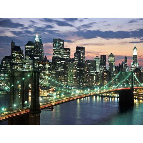 Brookyn bridge and Downtown skyline, NYC Black Modern Wood Framed Art Print with Double Matting by Setboun, Michel