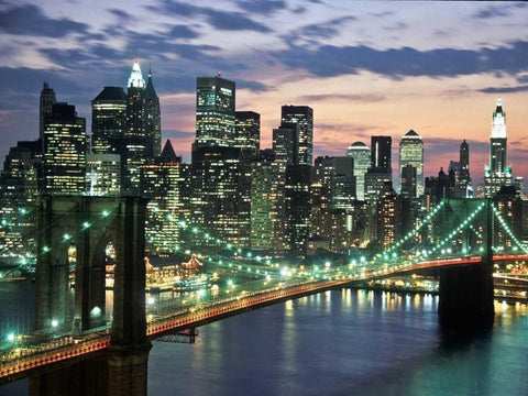 Brookyn bridge and Downtown skyline, NYC Black Ornate Wood Framed Art Print with Double Matting by Setboun, Michel