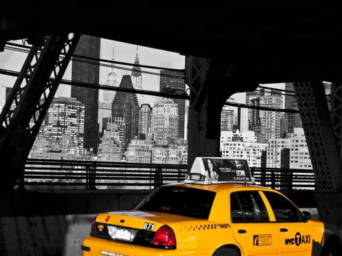 Taxi on the Queensboro Bridge, NYC Black Ornate Wood Framed Art Print with Double Matting by Setboun, Michel