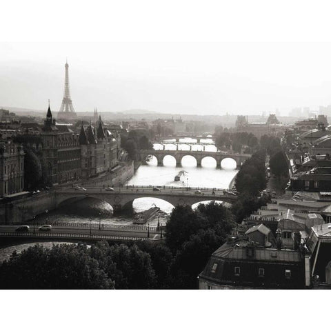Bridges over the Seine river, Paris Black Modern Wood Framed Art Print with Double Matting by Setboun, Michel