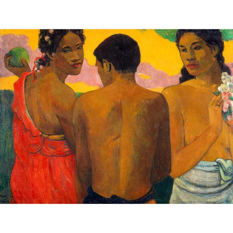 Three Tahitians Gold Ornate Wood Framed Art Print with Double Matting by Gauguin, Paul