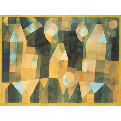 Three Houses and a Bridge Black Modern Wood Framed Art Print by Klee, Paul