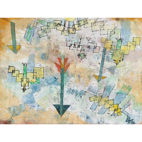Birds Swooping Down and Arrows  White Modern Wood Framed Art Print by Klee, Paul