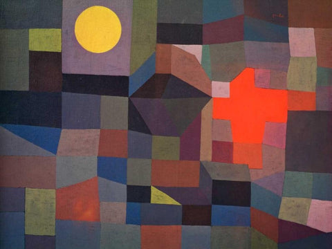 Fire at Full Moon Black Ornate Wood Framed Art Print with Double Matting by Klee , Paul