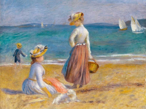 Figures on the Beach White Modern Wood Framed Art Print with Double Matting by Renoir, Pierre-Auguste