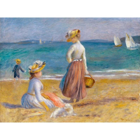 Figures on the Beach Black Modern Wood Framed Art Print by Renoir, Pierre-Auguste
