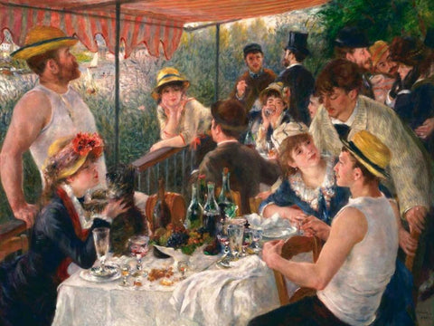 Luncheon of the Boating Party White Modern Wood Framed Art Print with Double Matting by Renoir, Pierre-Auguste
