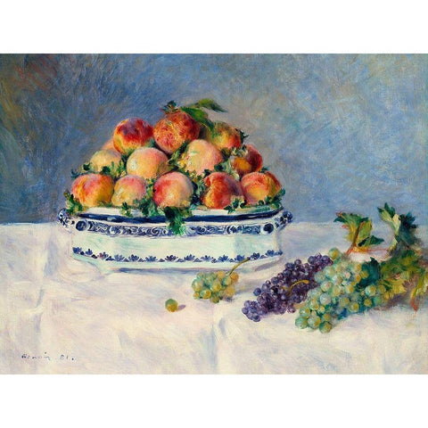 Still Life with Peaches and Grapes Black Modern Wood Framed Art Print with Double Matting by Renoir, Pierre-Auguste