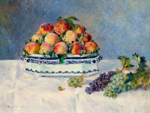 Still Life with Peaches and Grapes White Modern Wood Framed Art Print with Double Matting by Renoir, Pierre-Auguste