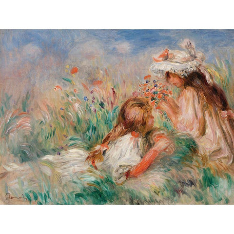 Girls in the Grass Arranging a Bouquet White Modern Wood Framed Art Print by Renoir, Pierre-Auguste