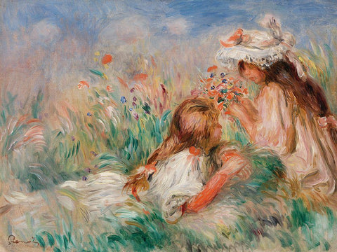 Girls in the Grass Arranging a Bouquet White Modern Wood Framed Art Print with Double Matting by Renoir, Pierre-Auguste