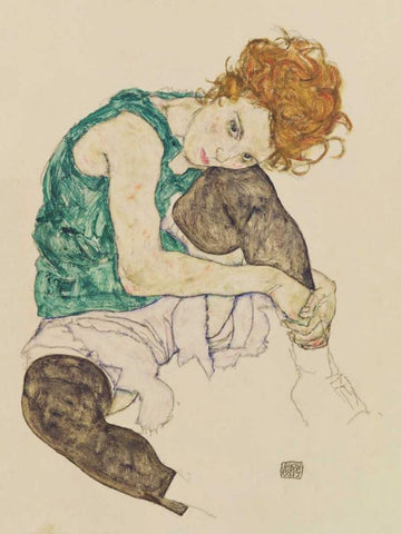 Seated Woman with Bent Knee  White Modern Wood Framed Art Print with Double Matting by Schiele, Egon