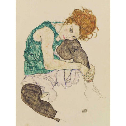 Seated Woman with Bent Knee  Gold Ornate Wood Framed Art Print with Double Matting by Schiele, Egon