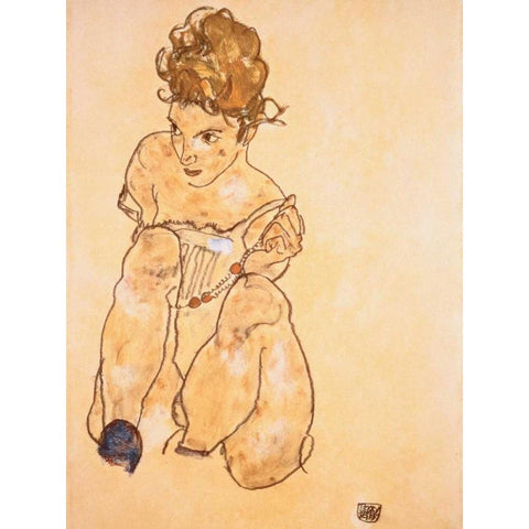 Seated Girl in Slip  White Modern Wood Framed Art Print by Schiele, Egon