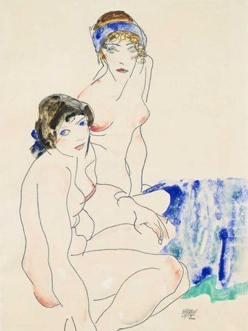 Two Female Nudes by the Water  White Modern Wood Framed Art Print with Double Matting by Schiele, Egon