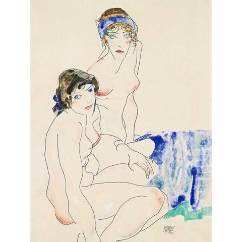 Two Female Nudes by the Water  Black Modern Wood Framed Art Print with Double Matting by Schiele, Egon