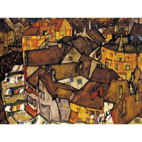 Crescent of Houses The Small City V Black Modern Wood Framed Art Print with Double Matting by Schiele, Egon