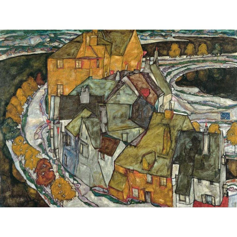 Crescent of Houses II Island Town White Modern Wood Framed Art Print by Schiele, Egon