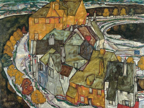 Crescent of Houses II Island Town White Modern Wood Framed Art Print with Double Matting by Schiele, Egon