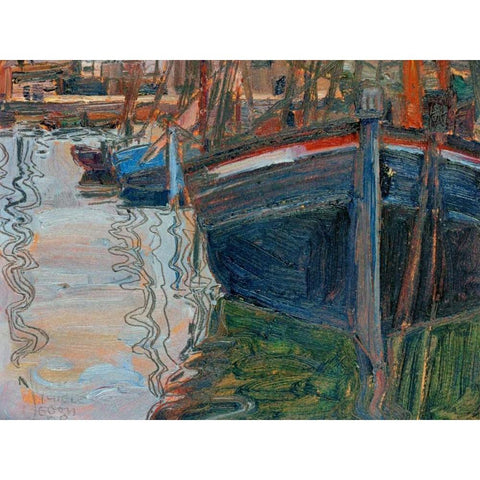 Boats mirrored in the Water Black Modern Wood Framed Art Print with Double Matting by Schiele , Egon