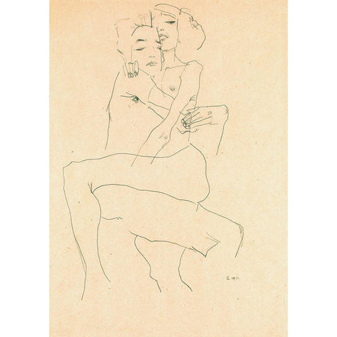 Couple Embracing Gold Ornate Wood Framed Art Print with Double Matting by Schiele, Egon