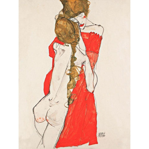 Mother and Daughter Gold Ornate Wood Framed Art Print with Double Matting by Schiele, Egon