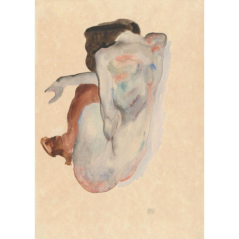 Crouching Nude in Shoes and Black Stockings-Back View Black Modern Wood Framed Art Print with Double Matting by Schiele, Egon