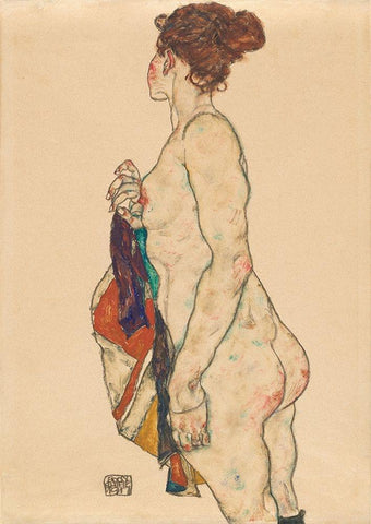 Standing Nude with a Patterned Robe Black Ornate Wood Framed Art Print with Double Matting by Schiele, Egon