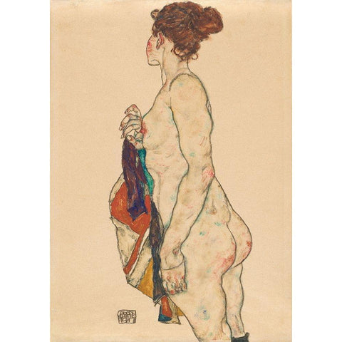 Standing Nude with a Patterned Robe Gold Ornate Wood Framed Art Print with Double Matting by Schiele, Egon