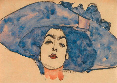 Eva Freund in Blue Hat White Modern Wood Framed Art Print with Double Matting by Schiele, Egon