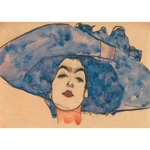 Eva Freund in Blue Hat Black Modern Wood Framed Art Print with Double Matting by Schiele, Egon