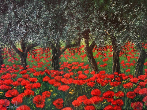 Papaveri sotto gli ulivi White Modern Wood Framed Art Print with Double Matting by Marzari, Tebo