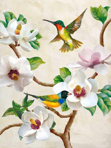 Magnolia and Birds White Modern Wood Framed Art Print with Double Matting by Wang, Terry
